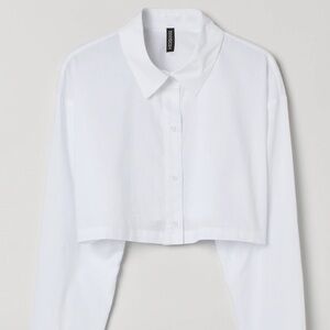 H&M Crop Long Sleeve Button Up Cotton Shirt in White
